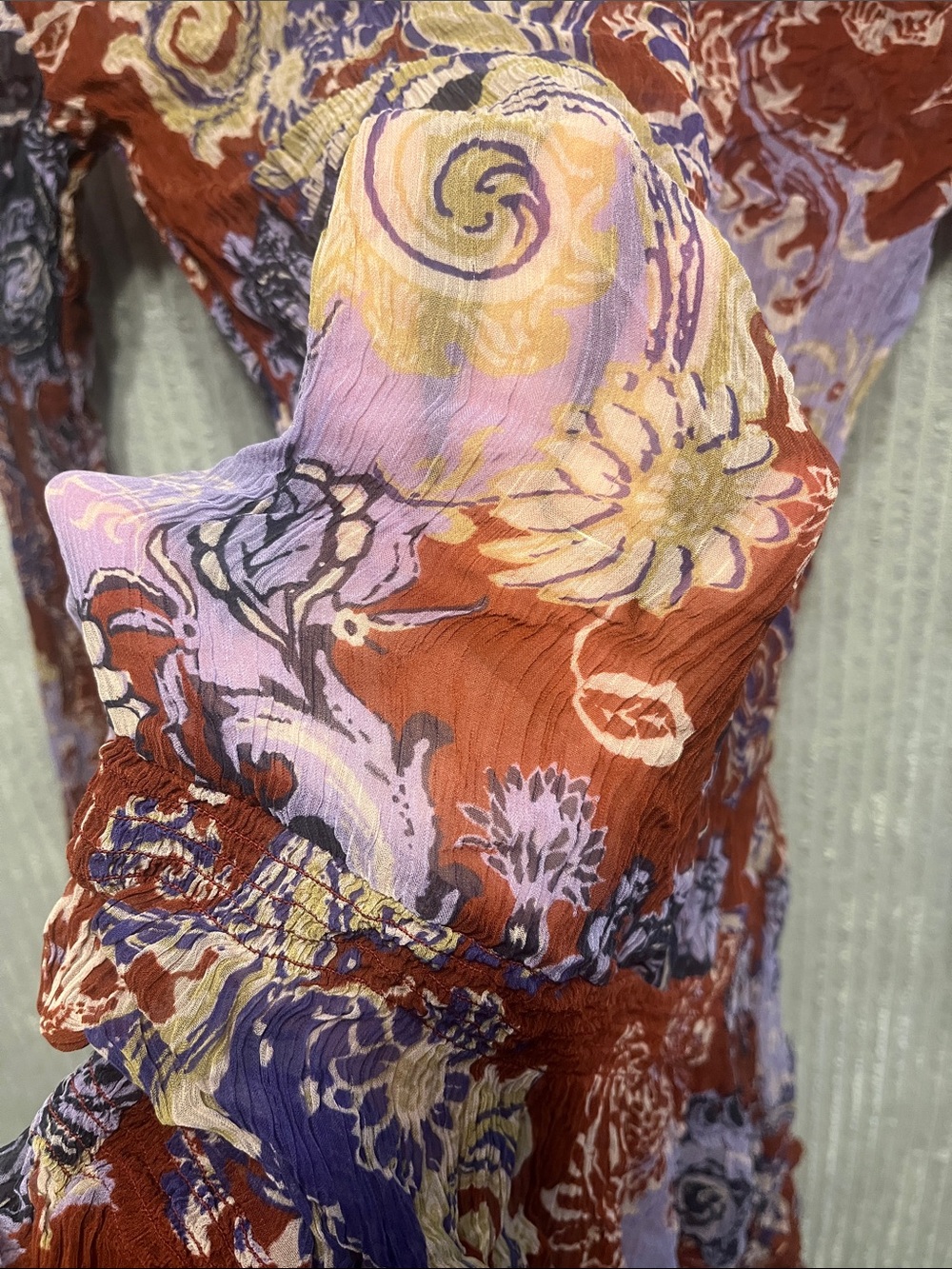 Anthropologie Rust and Lavender Mixed-Print Tiered Long-Sleeve Dress Small - Picture 10 of 10